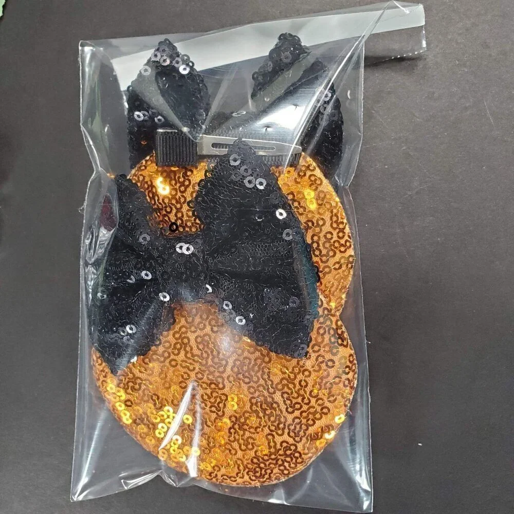 Minnie Mouse Ears Hair Clips Barrette Orange Sequins Black Bow Hair Care